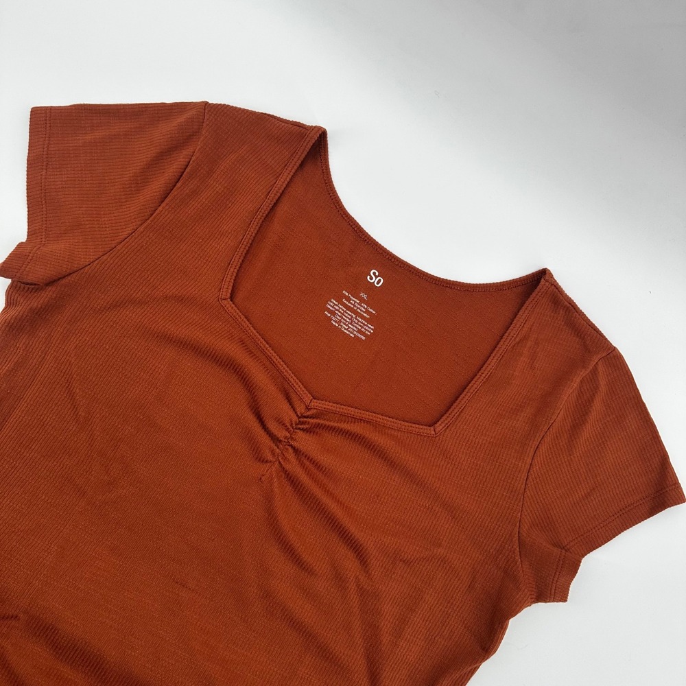 SO XXL women's Square Neck Bodysuit Rust Brown‎ Ribbed Short Sleeve Casual Top